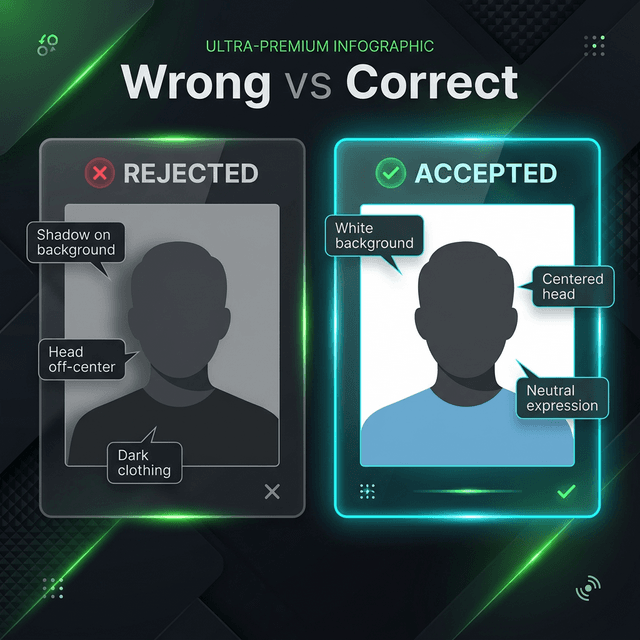 Passport photo wrong vs correct comparison — rejected photo vs accepted biometric-compliant photo
