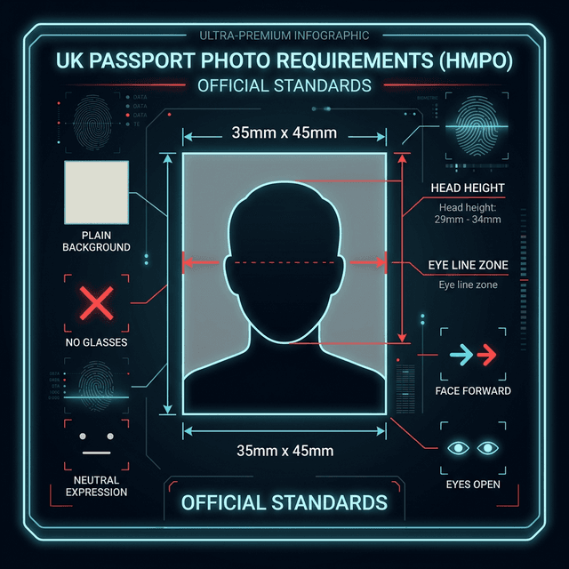 UK passport photo size 35x45mm diagram — HMPO head height requirements 29 to 34mm