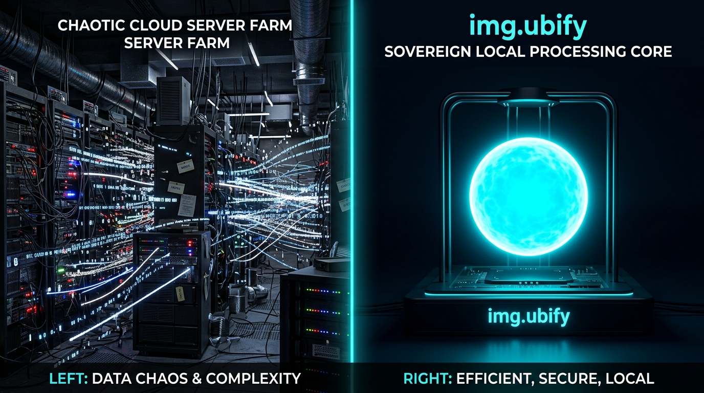 Cloud vs Local Processing โ img.ubify 3D panoramic comparison of chaotic cloud server farm vs img.ubify sovereign local processing core