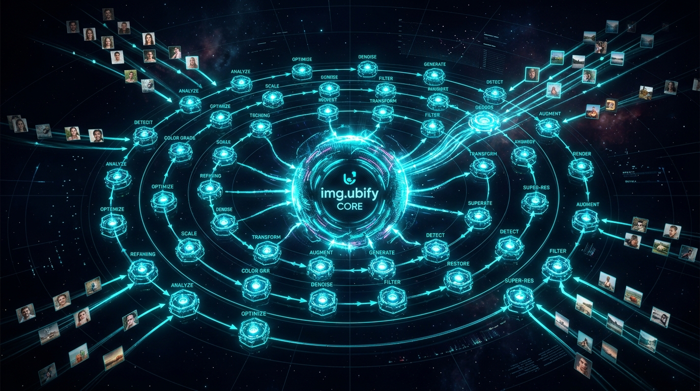 img.ubify Zero-Server Architecture โ img.ubify 3D cosmic visualization of 35+ tool nodes orbiting the img.ubify core sphere, all processing locally