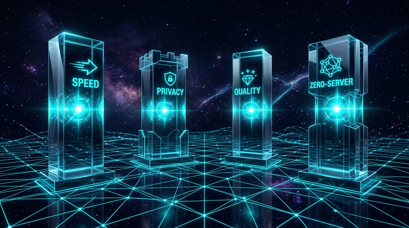 Platform Pillars โ img.ubify 3D cosmic grid of four platform pillars โ Speed, Privacy, Quality, Hybrid โ as towering glass monoliths on img.ubify