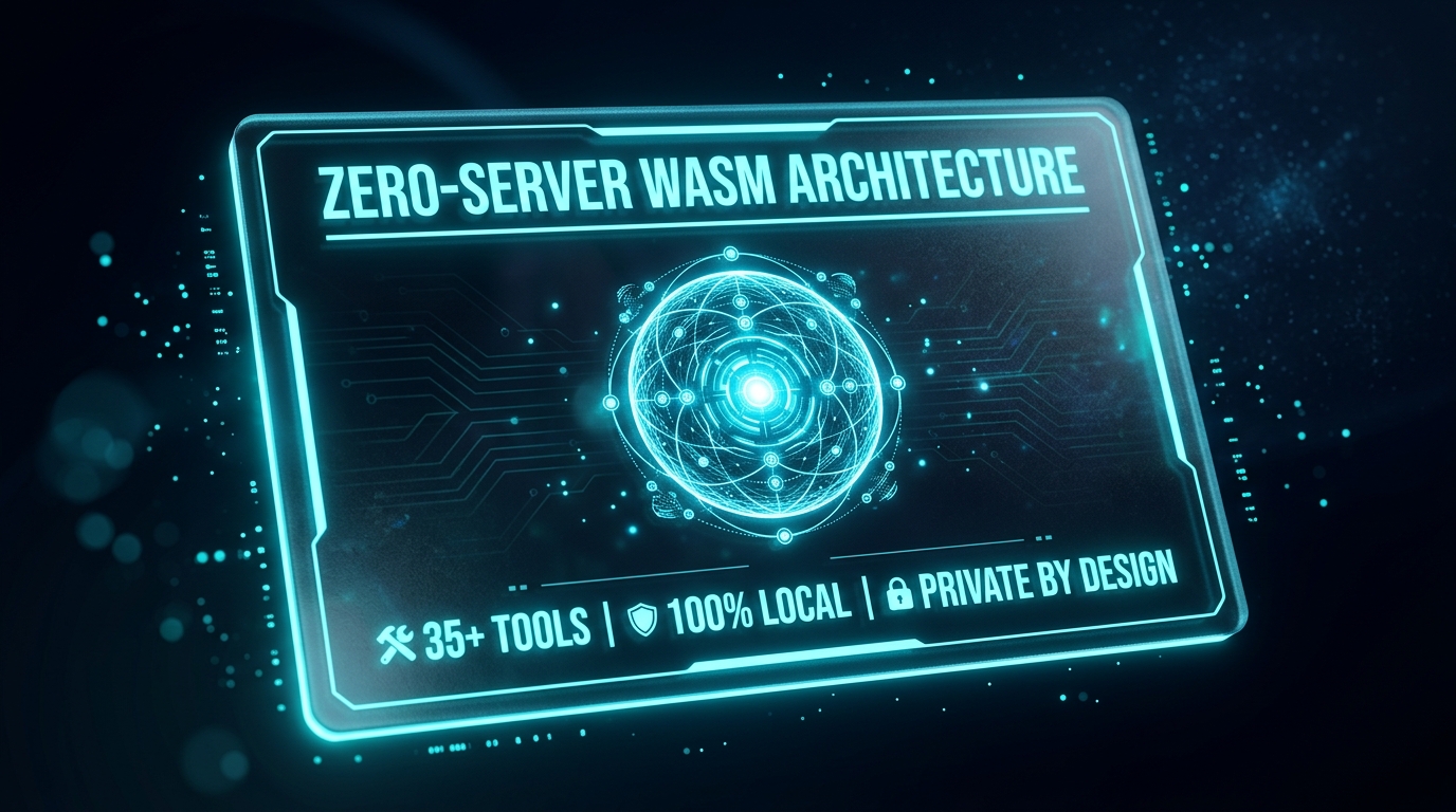 Technical Specifications โ img.ubify Heroic frosted glass specification card showing zero-server WASM architecture of img.ubify